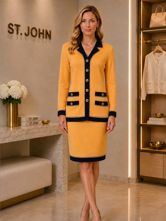 St. John Collection Jackets & Blazers - St. John Collection Santana Knit Colorblock Skirt Suit – Yellow & Navy – Size M